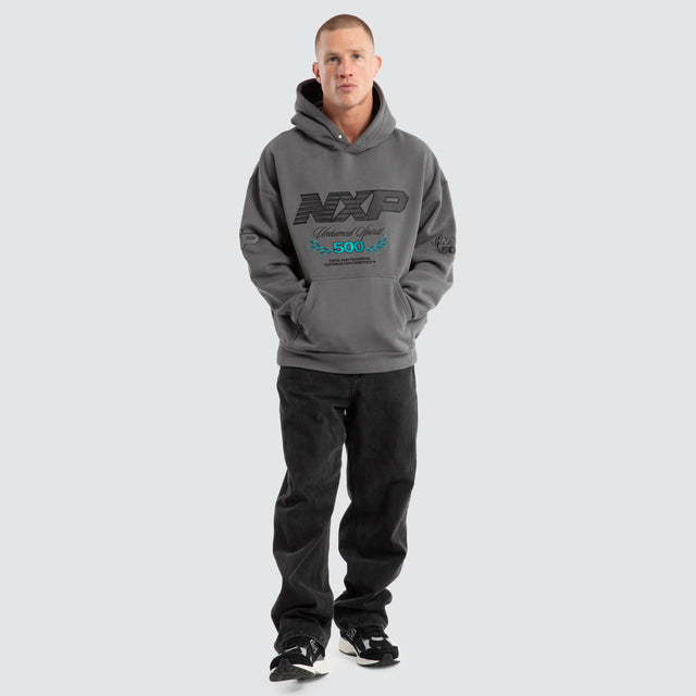 Model Wears Bounty Box Fit Hoodie Charcoal Hoodies in Grey - Image 2