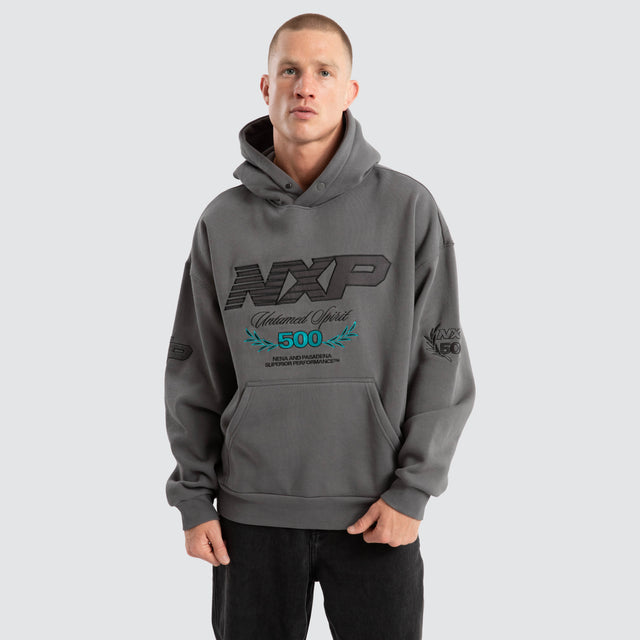 Model Wears Bounty Box Fit Hoodie Charcoal Hoodies in Grey - Image 1