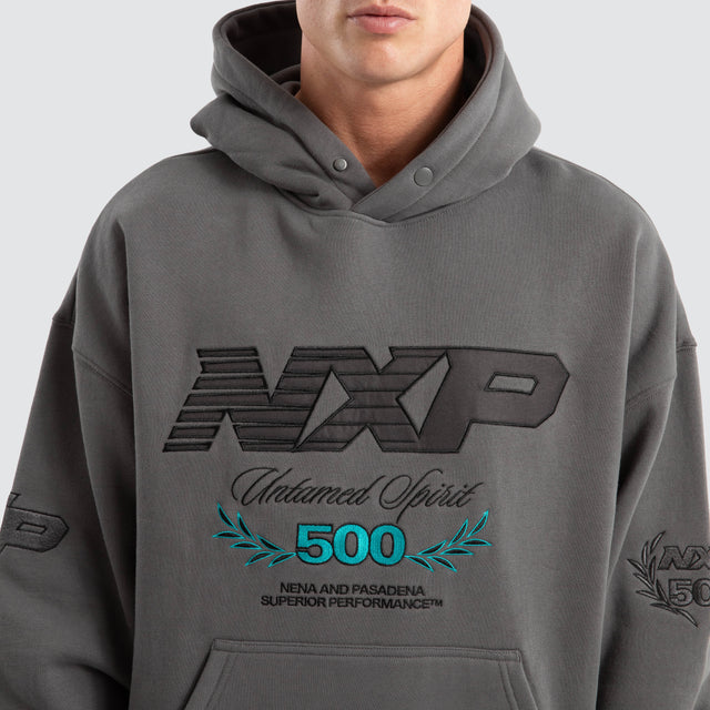 Model Wears Bounty Box Fit Hoodie Charcoal Hoodies in Grey - Image 3
