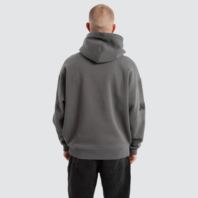 Model Wears Bounty Box Fit Hoodie Charcoal Hoodies in Grey - Image 4