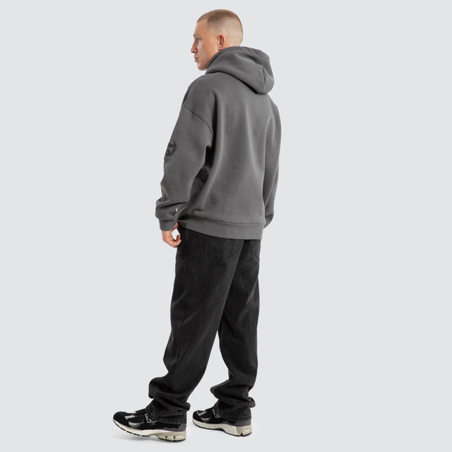 Model Wears Bounty Box Fit Hoodie Charcoal Hoodies in Grey - Image 5