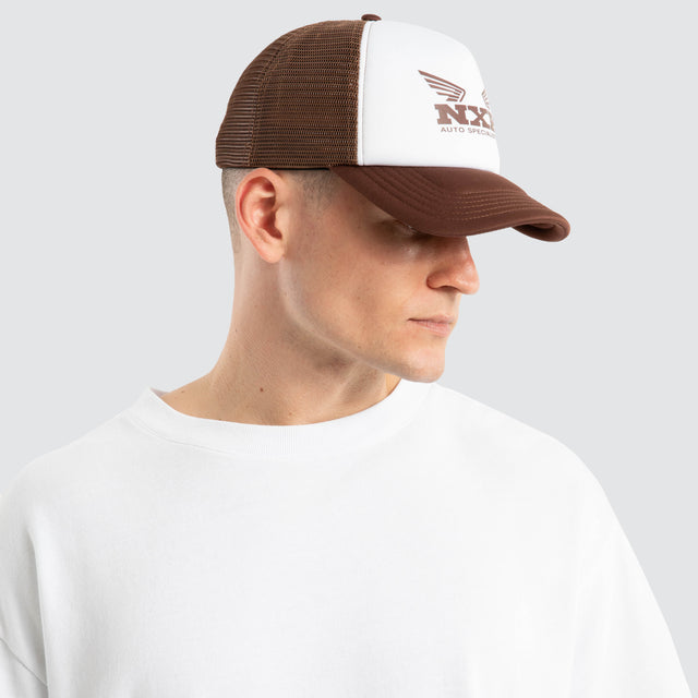 Model Wears Centaur Trucker Cap Brown Caps in Brown - Image 4