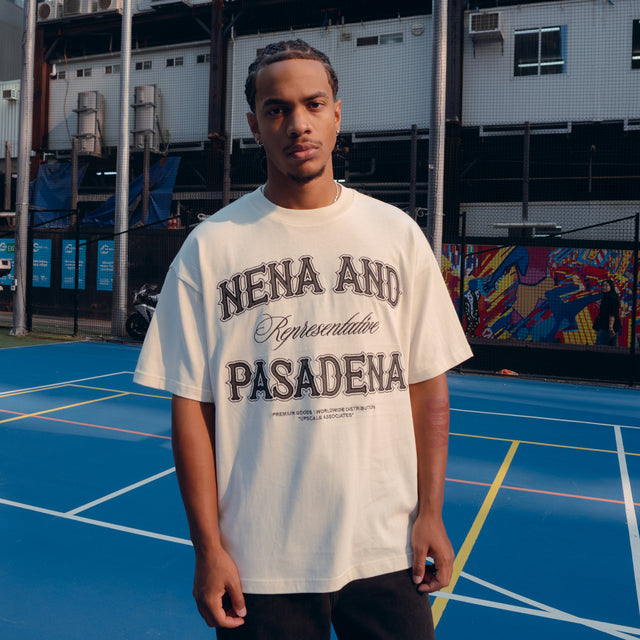 Model Wears Siege Raptor Tee Tofu Cream T-Shirts in Beige - Image 3