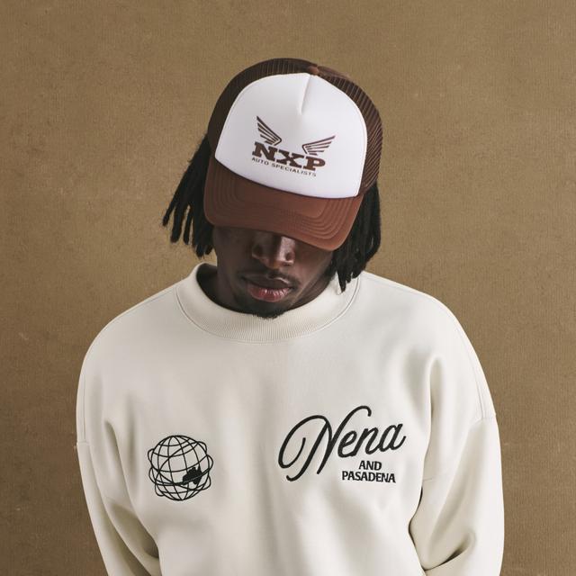 Model Wears Centaur Trucker Cap Brown Caps in Brown - Image 5