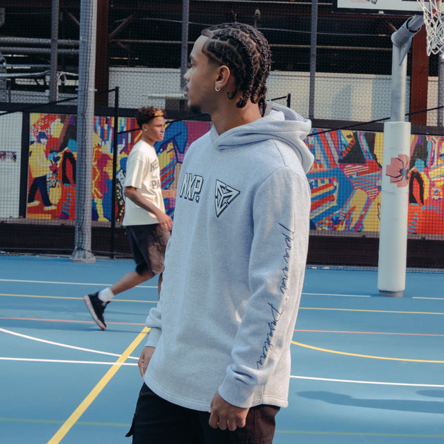 Model Wears Fury Dual Curved Hoodie Grey Marle Hoodies in Grey - Image 3
