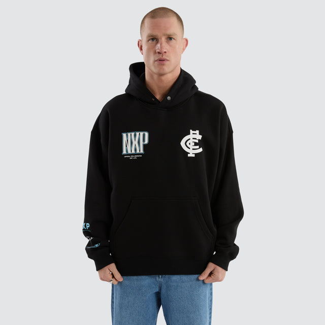 Model Wears Carlton Blues Fighter Hoodie Jet Black Hoodies in Black - Image 1
