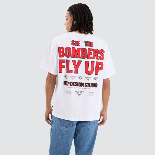 Model Wears Essendon Bombers AFL Heavy Raptor Tee Optical White T-Shirts in White - Image 1