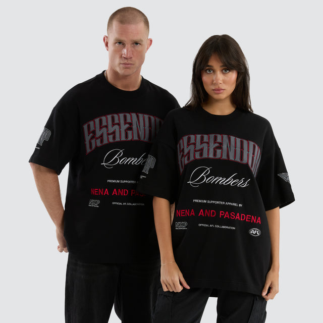 Model Wears Essendon Bombers Game-On Loopback Tee Jet Black T-Shirts in Black - Image 2