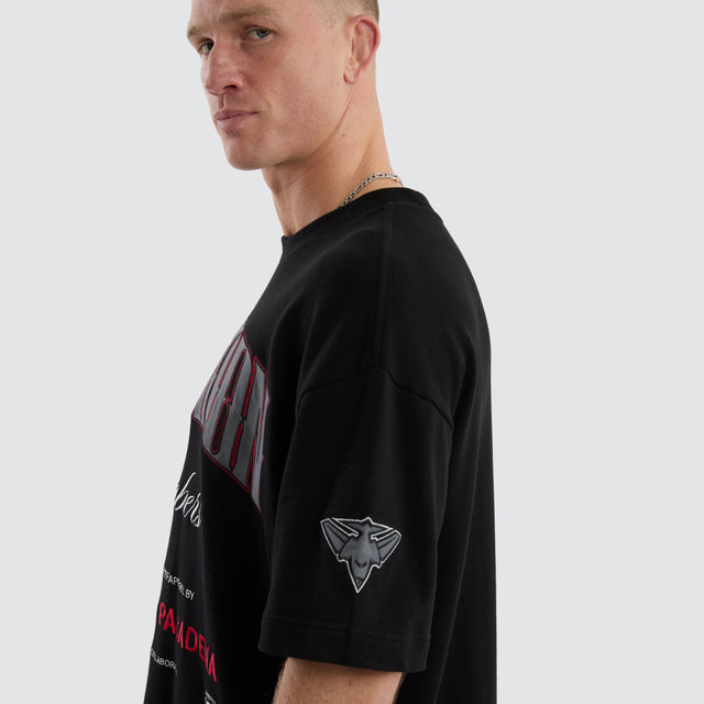 Model Wears Essendon Bombers Game-On Loopback Tee Jet Black T-Shirts in Black - Image 7