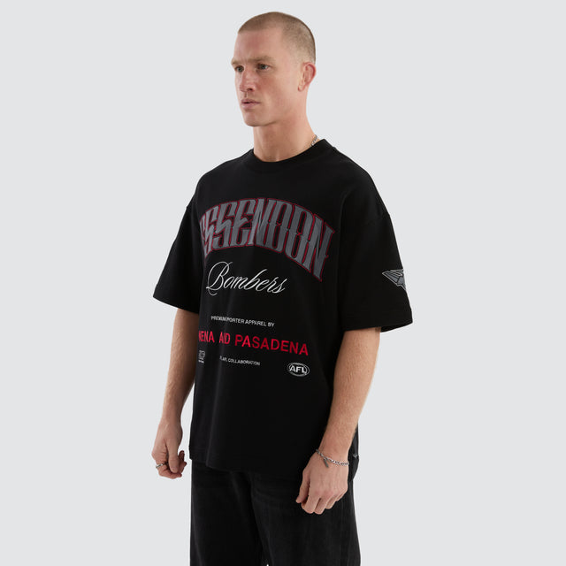 Model Wears Essendon Bombers Game-On Loopback Tee Jet Black T-Shirts in Black - Image 5