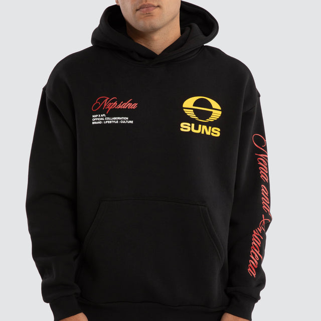 Model Wears Gold Coast Suns AFL Season Hoodie Jet Black Hoodies in Black - Image 3