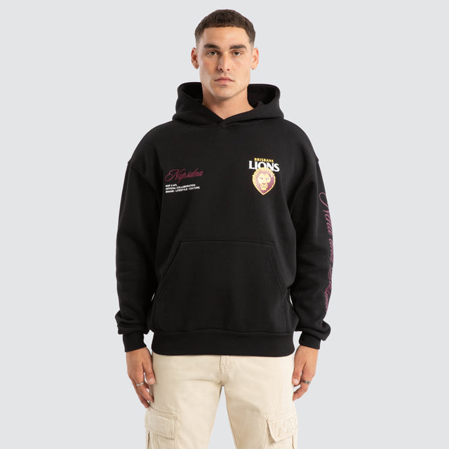 Model Wears Brisbane Lions AFL Season Hoodie Jet Black Hoodies in Black - Image 2