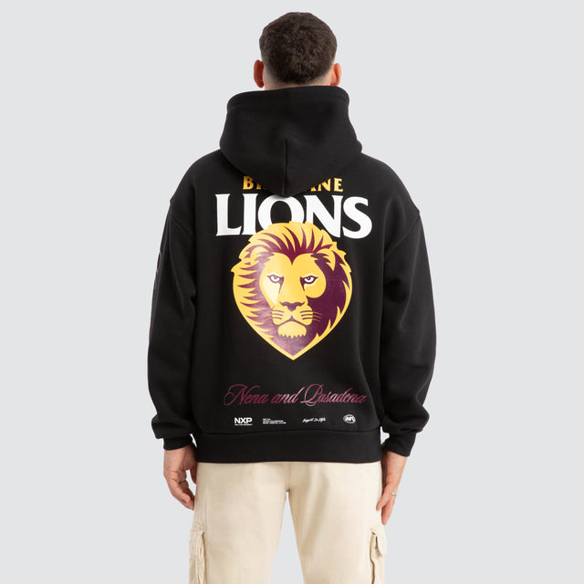 Model Wears Brisbane Lions AFL Season Hoodie Jet Black Hoodies in Black - Image 1
