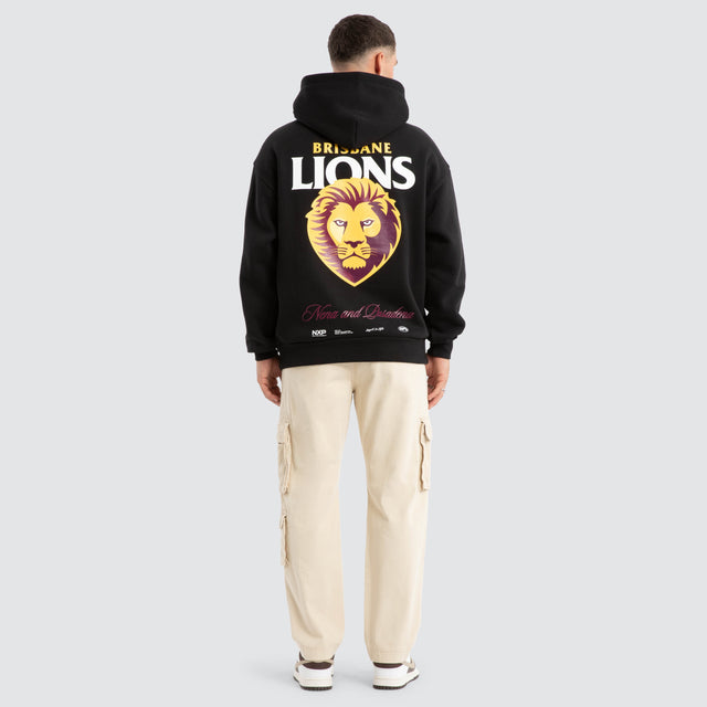 Model Wears Brisbane Lions AFL Season Hoodie Jet Black Hoodies in Black - Image 5