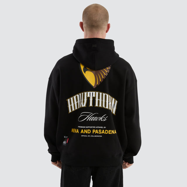 Model Wears Hawthorn Hawks Fighter Hoodie Jet Black Hoodies in Black - Image 1