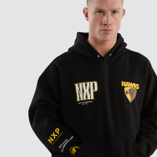 Model Wears Hawthorn Hawks Fighter Hoodie Jet Black Hoodies in Black - Image 4