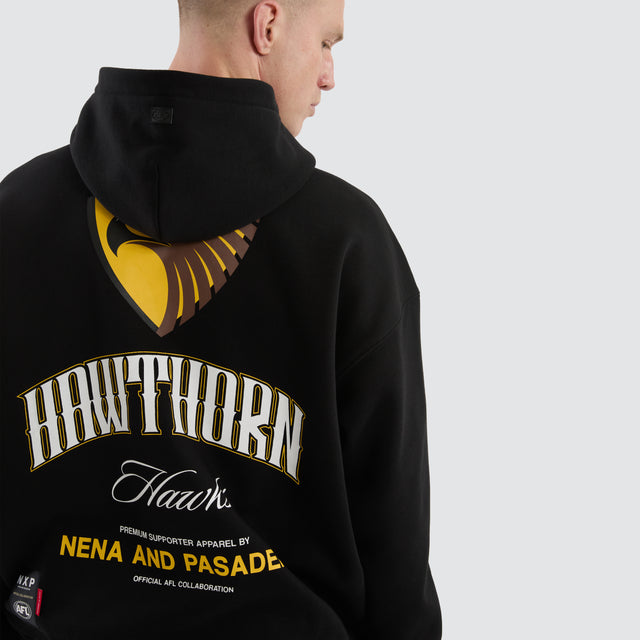 Model Wears Hawthorn Hawks Fighter Hoodie Jet Black Hoodies in Black - Image 7