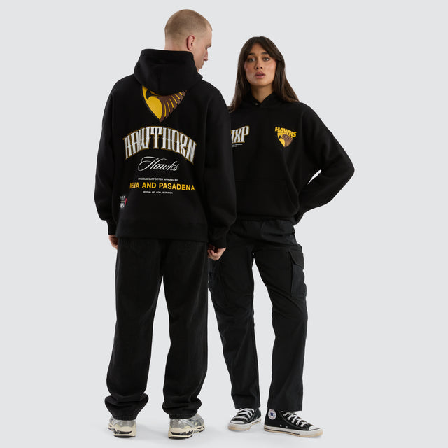 Model Wears Hawthorn Hawks Fighter Hoodie Jet Black Hoodies in Black - Image 3