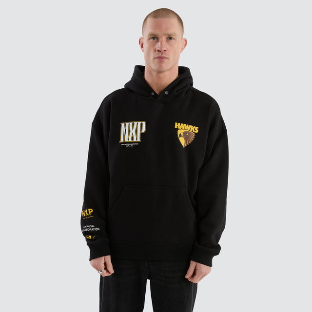 Model Wears Hawthorn Hawks Fighter Hoodie Jet Black Hoodies in Black - Image 5