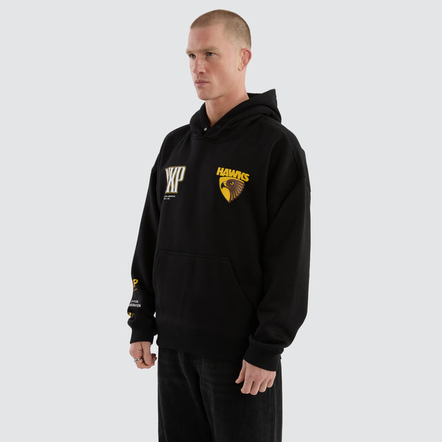 Model Wears Hawthorn Hawks Fighter Hoodie Jet Black Hoodies in Black - Image 6