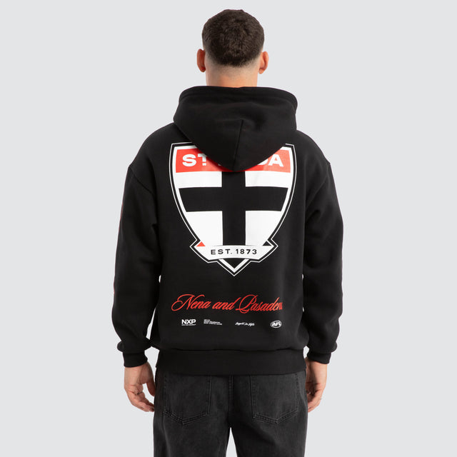 Model Wears St Kilda Saints AFL Season Hoodie Jet Black Hoodies in Black - Image 1
