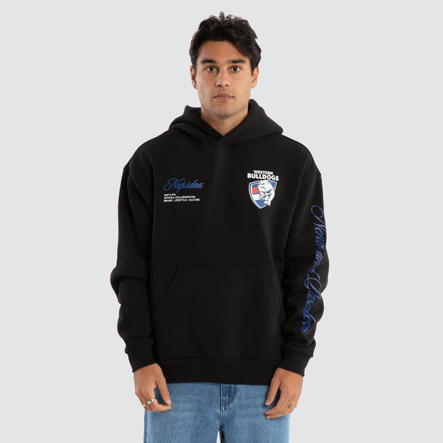 Model Wears Western Bulldogs AFL Season Hoodie Jet Black Hoodies in Black - Image 2