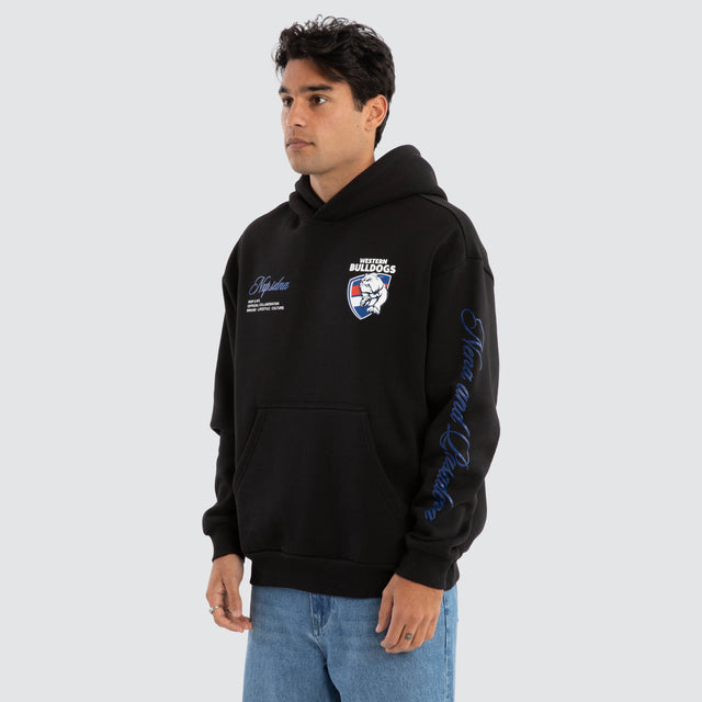 Model Wears Western Bulldogs AFL Season Hoodie Jet Black Hoodies in Black - Image 4