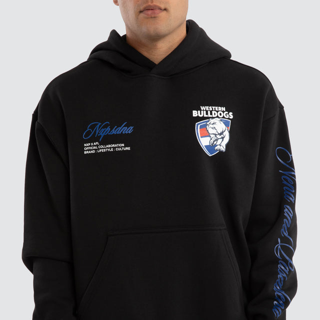 Model Wears Western Bulldogs AFL Season Hoodie Jet Black Hoodies in Black - Image 3