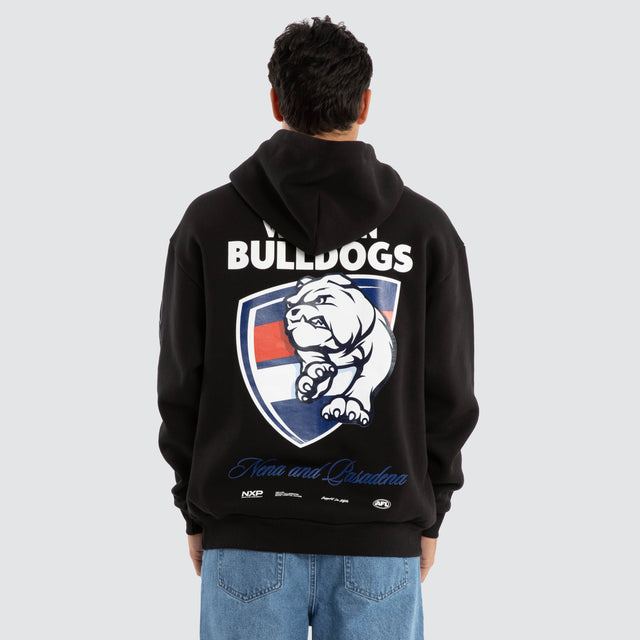 Model Wears Western Bulldogs AFL Season Hoodie Jet Black Hoodies in Black - Image 1