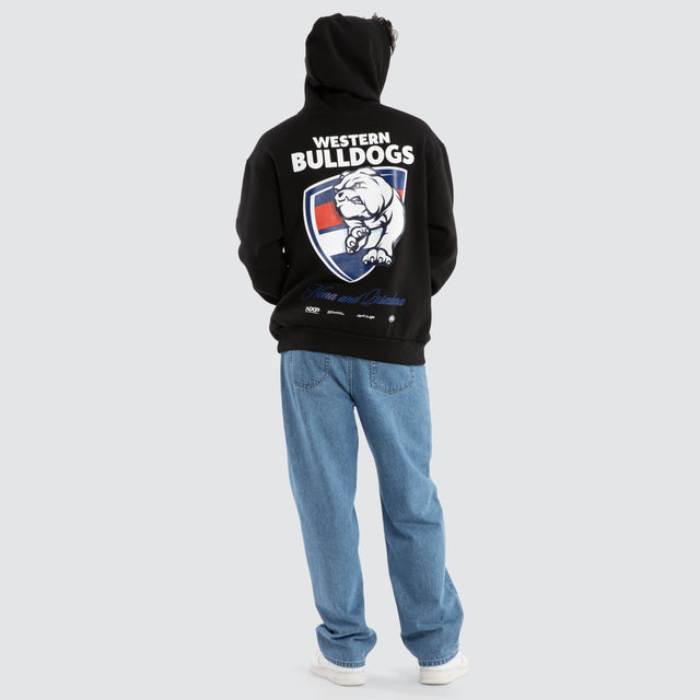 Model Wears Western Bulldogs AFL Season Hoodie Jet Black Hoodies in Black - Image 5