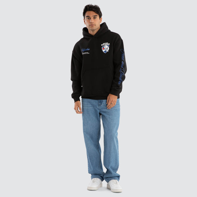 Model Wears Western Bulldogs AFL Season Hoodie Jet Black Hoodies in Black - Image 6