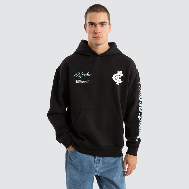 Model Wears Carlton Blues AFL Season Hoodie Jet Black Hoodies in Black - Image 2