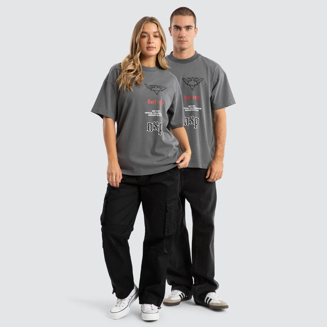 Model Wears Essendon Bombers AFL Stack Tee Pigment Charcoal T-Shirts in Grey - Image 3