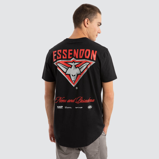 Model Wears Essendon Bombers AFL Prime Tee Jet Black T-Shirts in Black - Image 1