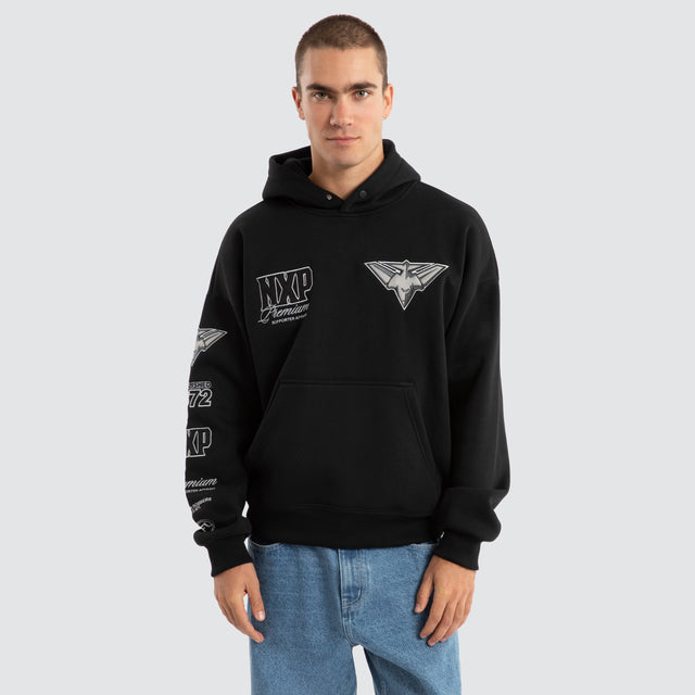 Model Wears Essendon Bombers AFL Mono Hoodie Jet Black Hoodies in Black - Image 2
