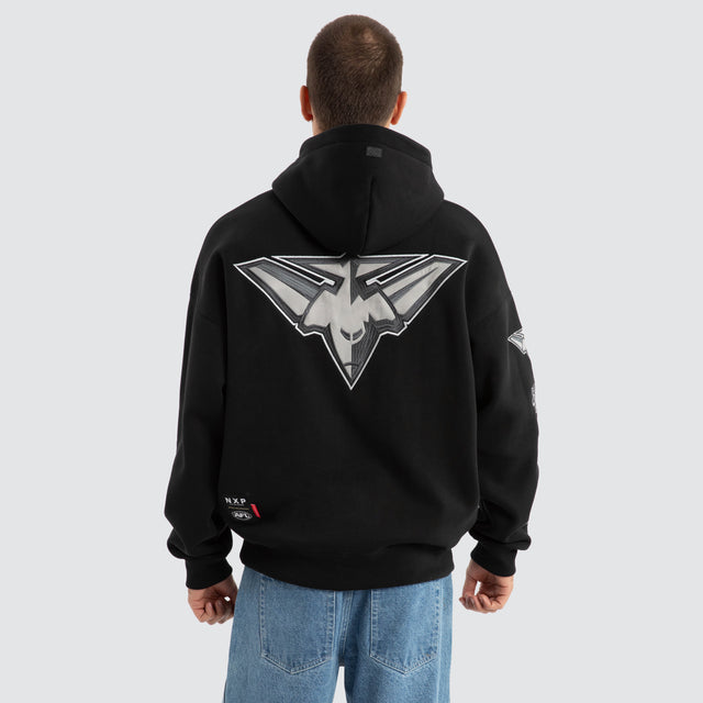 Model Wears Essendon Bombers AFL Mono Hoodie Jet Black Hoodies in Black - Image 1