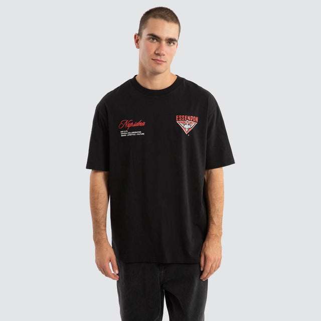 Model Wears Essendon Bombers AFL Season Tee Jet Black T-Shirts in Black - Image 2
