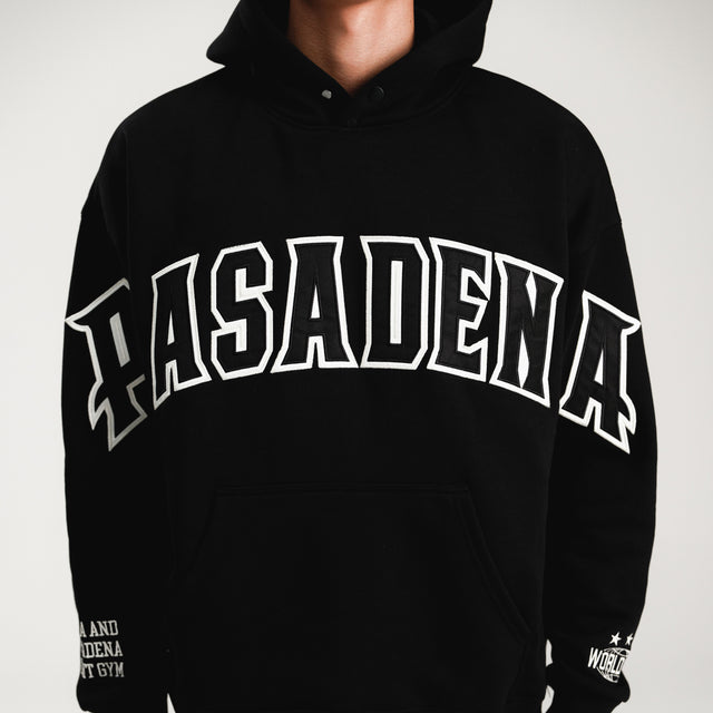 Model Wears Fence Box Fit Hoodie Jet Black Hoodies in Black - Image 3
