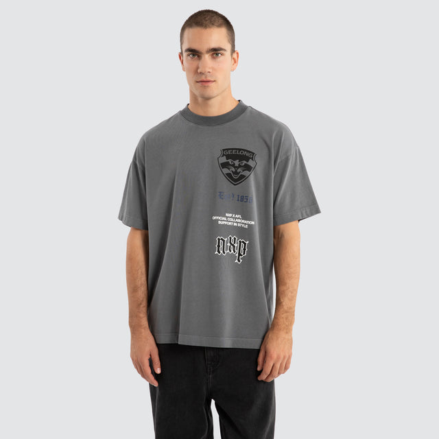 Model Wears Geelong Cats AFL Stack Tee Pigment Charcoal T-Shirts in Grey - Image 2