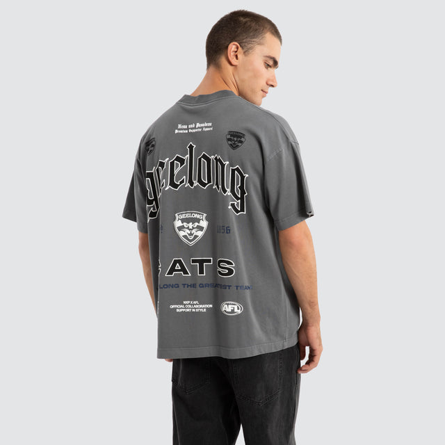Model Wears Geelong Cats AFL Stack Tee Pigment Charcoal T-Shirts in Grey - Image 1