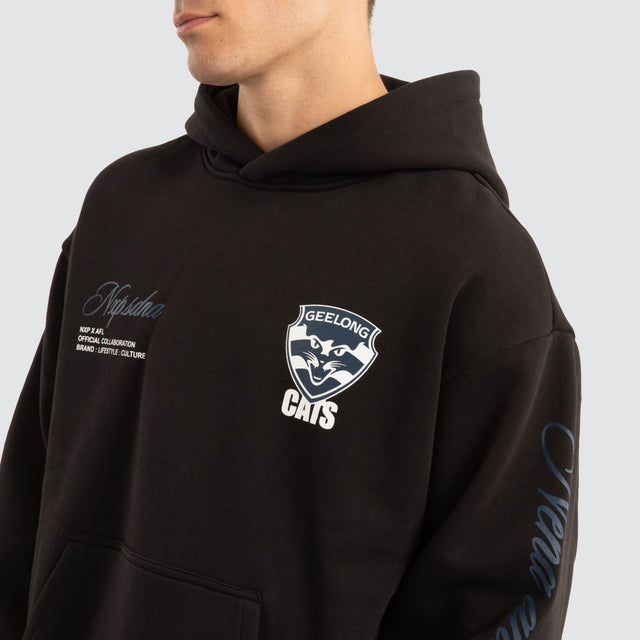 Model Wears Geelong Cats AFL Season Hoodie Jet Black Hoodies in Black - Image 4