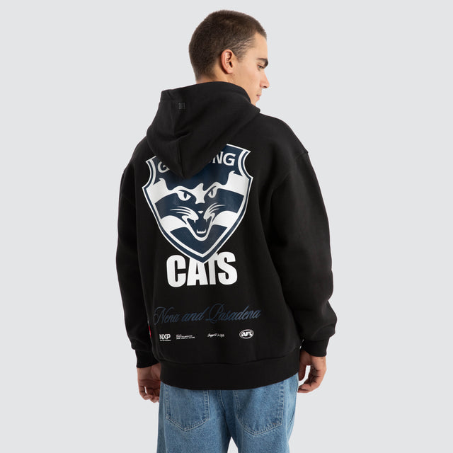 Model Wears Geelong Cats AFL Season Hoodie Jet Black Hoodies in Black - Image 1