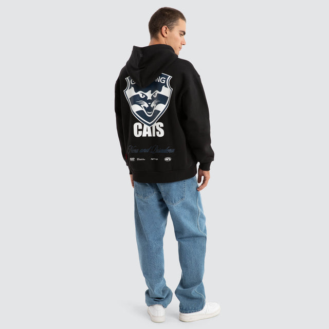Model Wears Geelong Cats AFL Season Hoodie Jet Black Hoodies in Black - Image 5