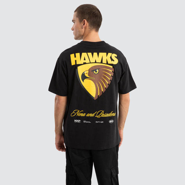 Model Wears Hawthorn Hawks AFL Season Tee Jet Black T-Shirts in Black - Image 1