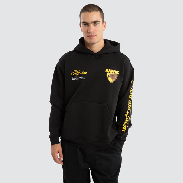 Model Wears Hawthorn Hawks AFL Season Hoodie Jet Black Hoodies in Black - Image 2