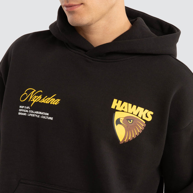 Model Wears Hawthorn Hawks AFL Season Hoodie Jet Black Hoodies in Black - Image 4