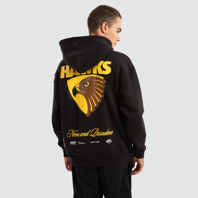 Model Wears Hawthorn Hawks AFL Season Hoodie Jet Black Hoodies in Black - Image 1