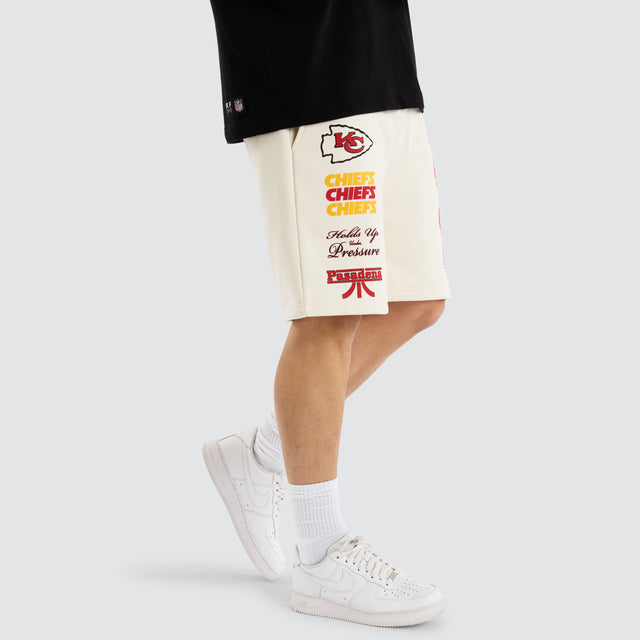 Model Wears Kansas City Chiefs NFL Shorts Tofu Shorts in Off-White - Image 6