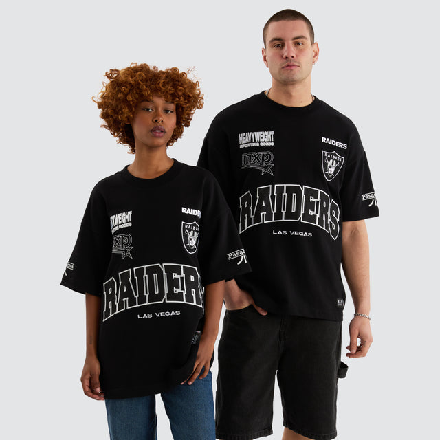 Model Wears Las Vegas Raiders NFL Loopback Raptor Tee Jet Black T-Shirts in Black - Image 4