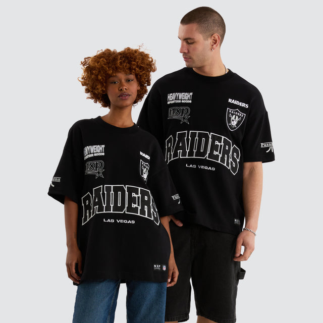 Model Wears Las Vegas Raiders NFL Loopback Raptor Tee Jet Black T-Shirts in Black - Image 6